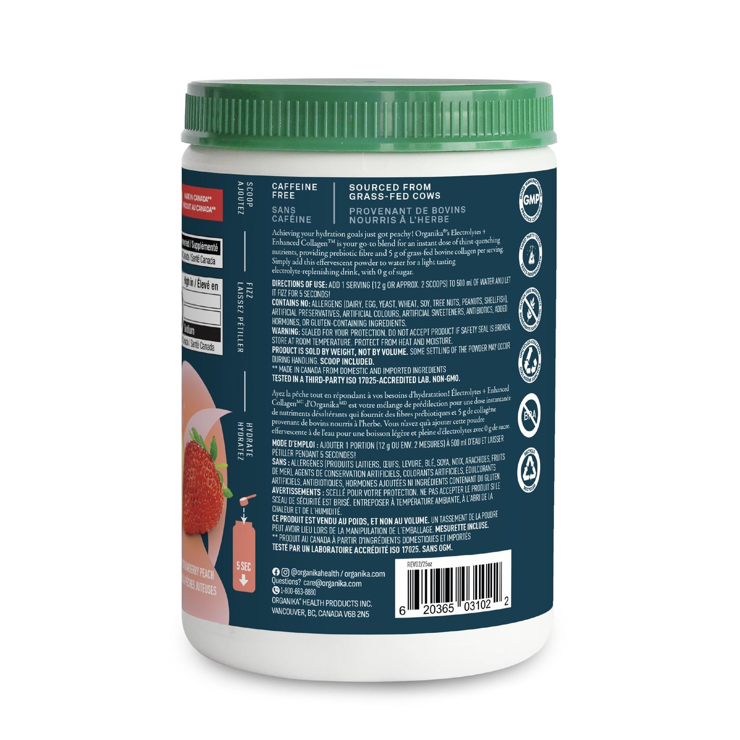 Organika Canadian-Made Electrolytes + Enhanced Collagen - Strawberry Peach Flavour - Sugar-Free Hydration | 5g Protein + 100% of Daily Vitamin C - 360g, 30 Servings ๐ All In One Marketplace Canada