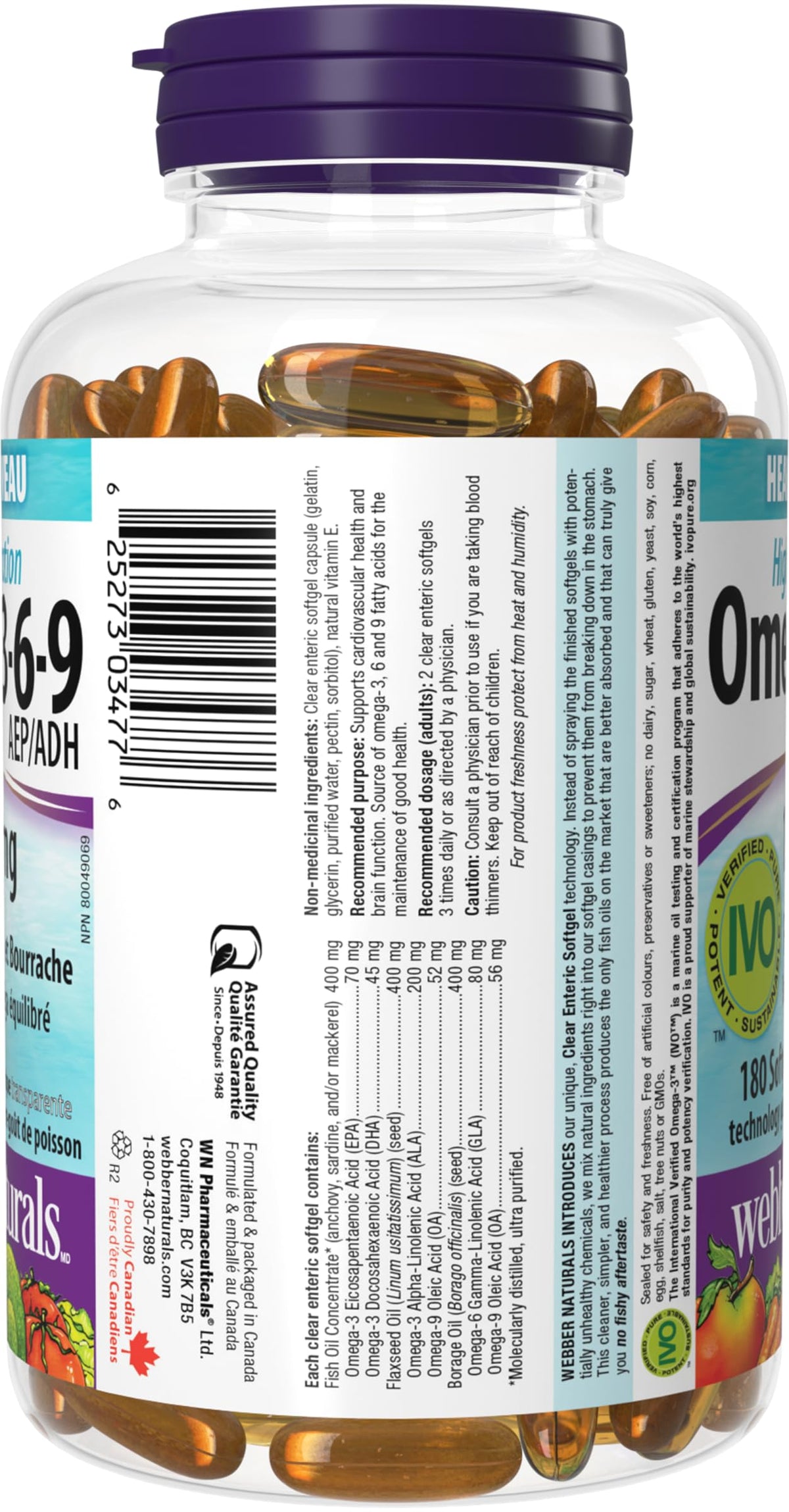 Webber Naturals Omega 3-6-9 1,200 mg Fish Oil, 180 Clear Enteric No Fishy Aftertaste Softgels, Supports Cardiovascular Health and Brain Function ๐ All In One Marketplace Canada