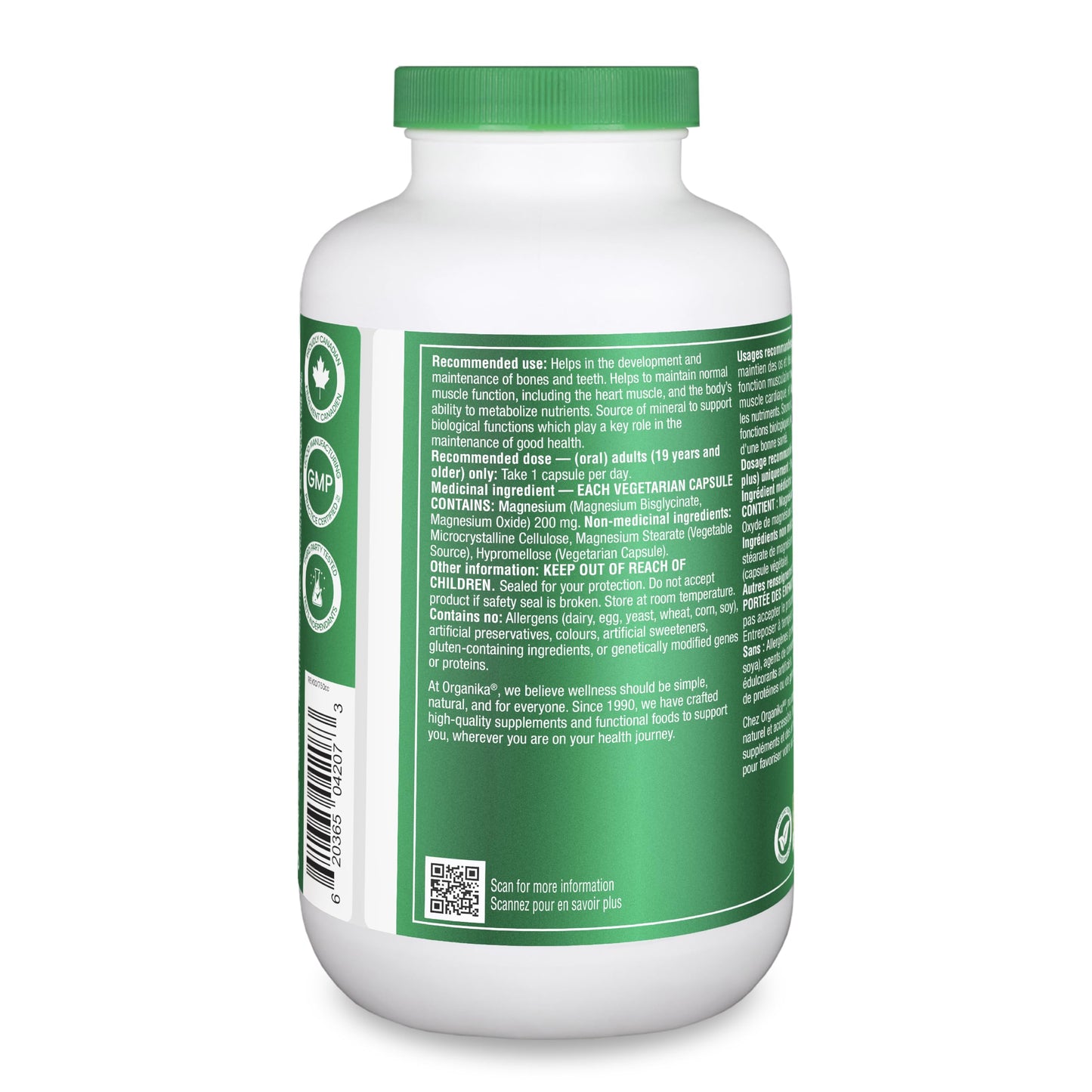 Organika Canadian-Made Magnesium Bisglycinate - 200mg, High Absorption, Muscle Recovery, Heart Support, 300vcaps ๐ All In One Marketplace Canada
