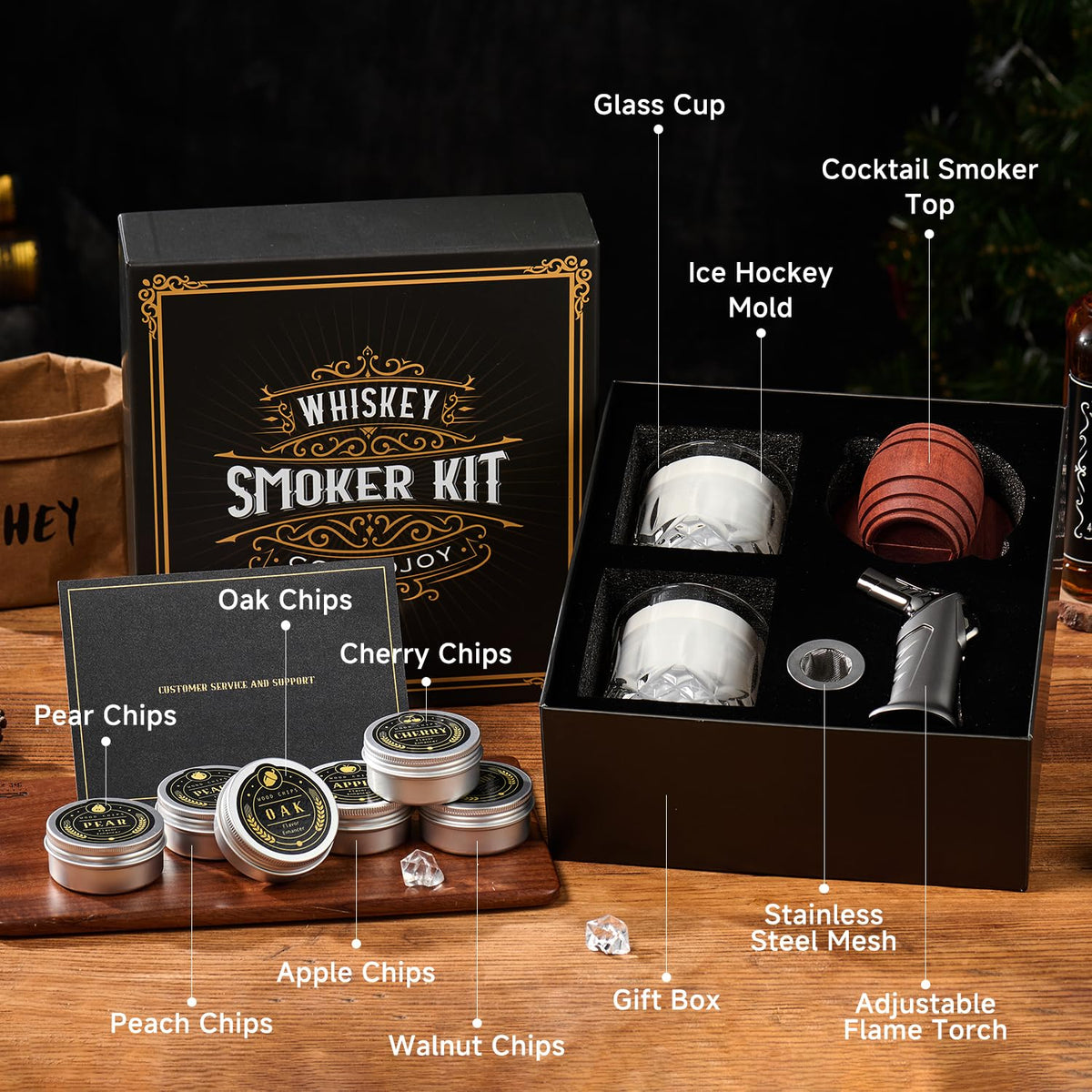 Whiskey Smoker Kit with Torch - 6 Flavors Wood Chips, 2 Glasses, 2 Ice Ball Molds - Cocktail Smoker Infuser Kit, Old Fashioned Drink Smoker Kit, Birthday Bourbon Whiskey Gifts for Men,Dad(NO Butane) ๐ All In One Marketplace Canada