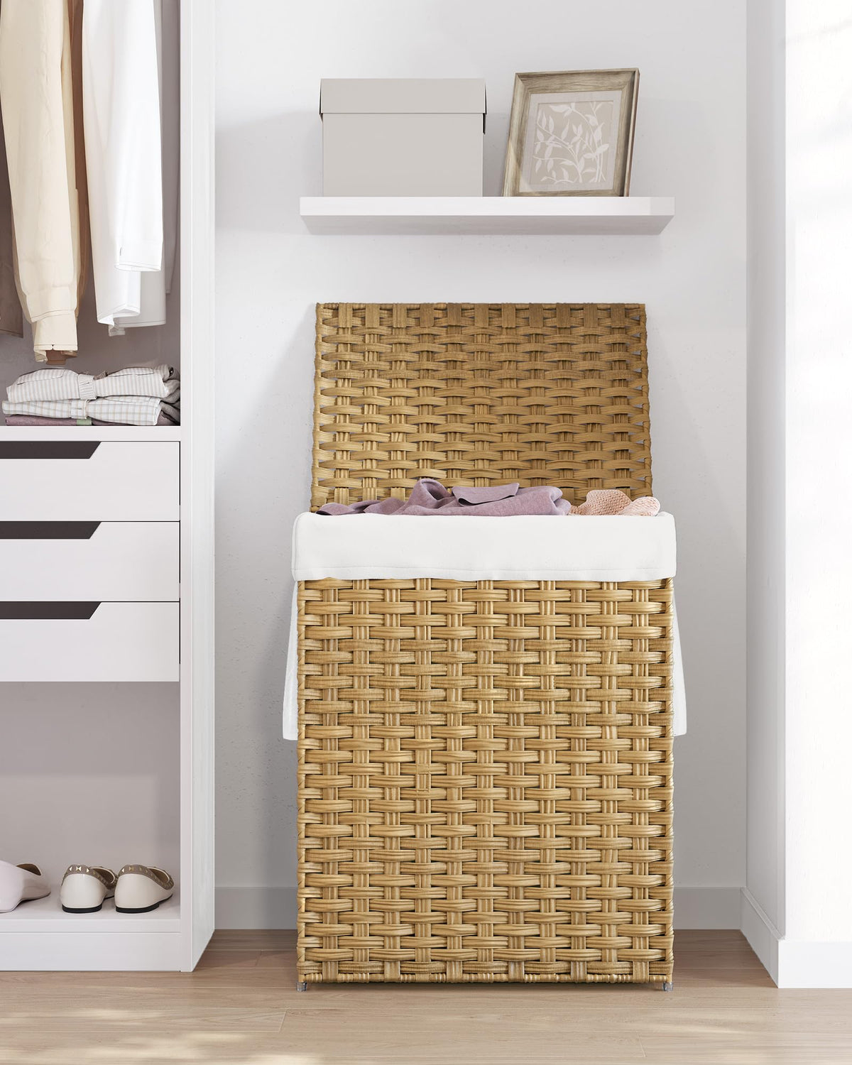 SONGMICS Laundry Hamper with Lid, 23.8 Gallon (90 L) Synthetic Rattan Clothes Laundry Basket with Lid and Handles, Foldable, Removable Liner, Natural ULCB051N01V1 π All In One Marketplace Canada