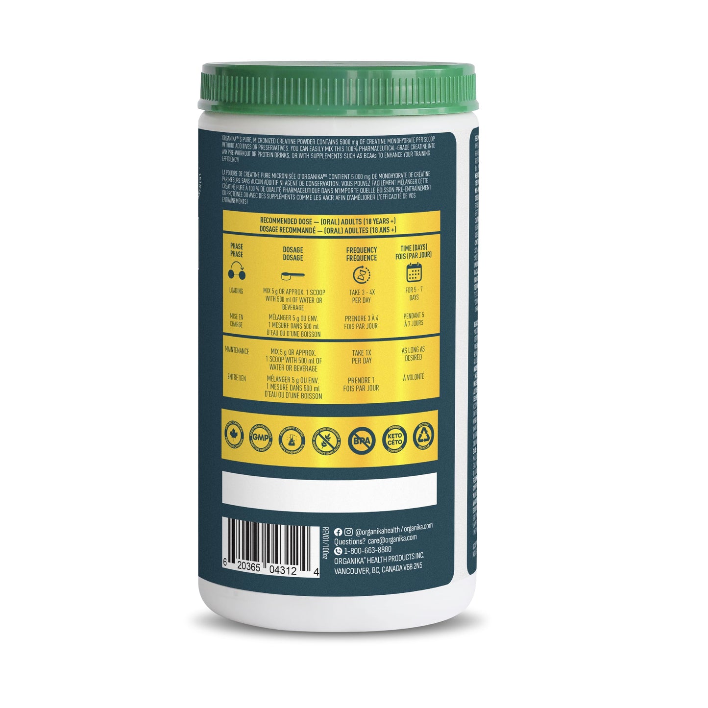 Organika Canadian-Made Creatine Powder - Pure Micronized Creatine Monohydrate - NSF Certified - Supports Strength, Muscle, Recovery and Performance for Men and Women - Unflavoured - 1KG, 200 servings ๐ All In One Marketplace Canada