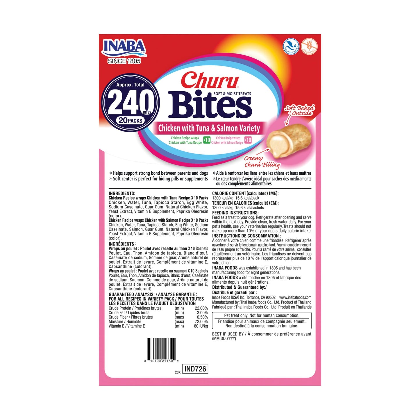 INABA Churu Bites for Dogs, Soft & Chewy Dog Treats with Vitamin E, 11.9 Grams Each Tube, 20 Tubes, Tuna & Salmon Variety Box ๐ All In One Marketplace Canada