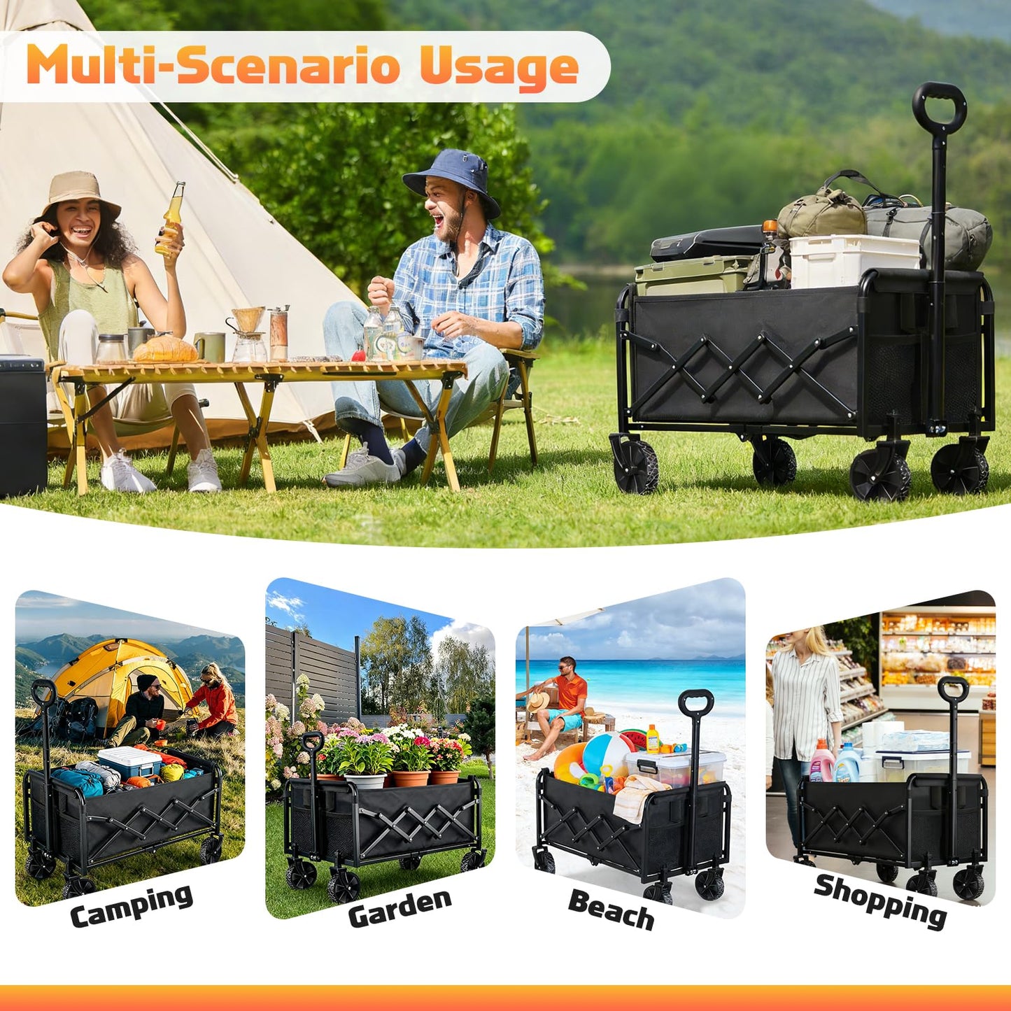 220LBS Collapsible Foldable Wagon Carts - Heavy Duty Portable Folding Utility Wagons with All-Terrain Wheels for Grocery Sports Shopping Camping Garden Beach, 2 Drink Holders/Lightweight/Black 🍁 All In One Marketplace Canada