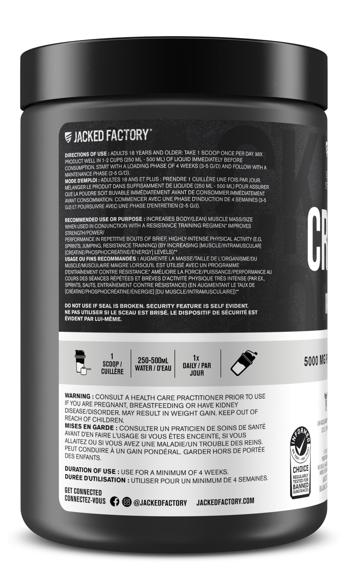 Jacked Factory Creatine Monohydrate Powder - Canadian-Owned Informed Choice Certified Supplement for Increased Muscle Mass*, Improved Strength, Power, & Performance** - 85 Servings, Arctic White ๐ All In One Marketplace Canada