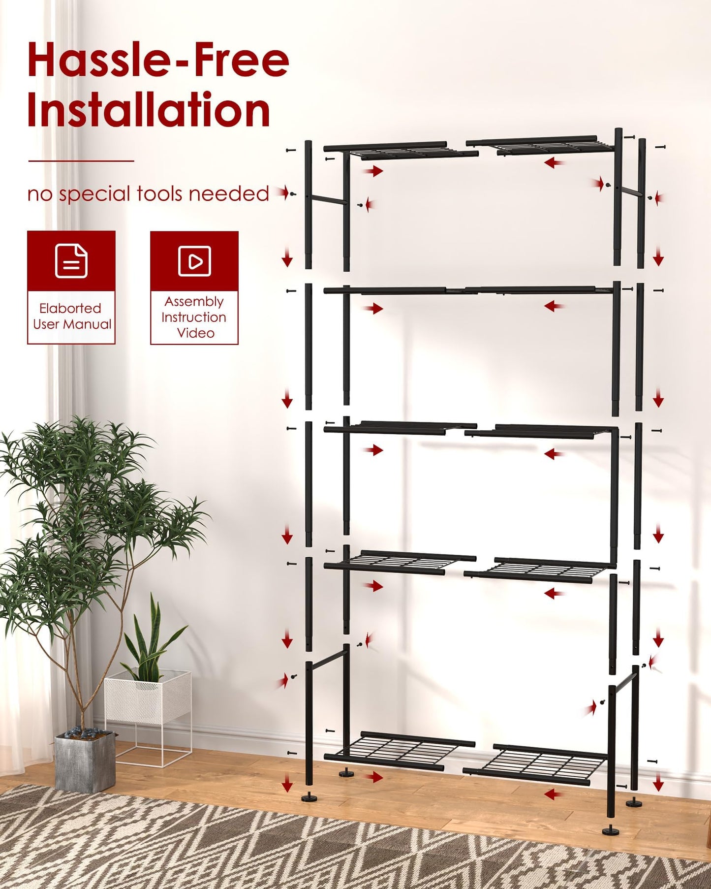 Sakugi 5 Tier Shelf - Heavy Duty Metal Storage Shelves with Adjustable Leveling Feet, Large Capacity Shelving Unit with Multiple Hooks for Kitchen, Pantry, Office (84 x 32 x 183 cm, Black) ๐ All In One Marketplace Canada
