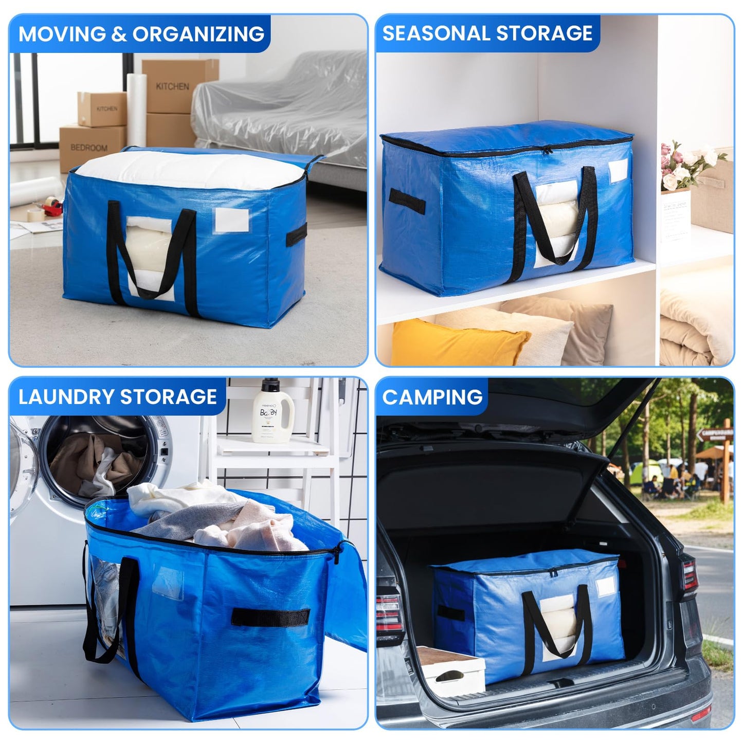 TAILI Extra Large Moving Bags, Heavy Duty Totes for Storage with Visible Window, U-Shaped Around Handles, Storage Contrainer Box for Space Saving, Blue, 4 Pack π All In One Marketplace Canada