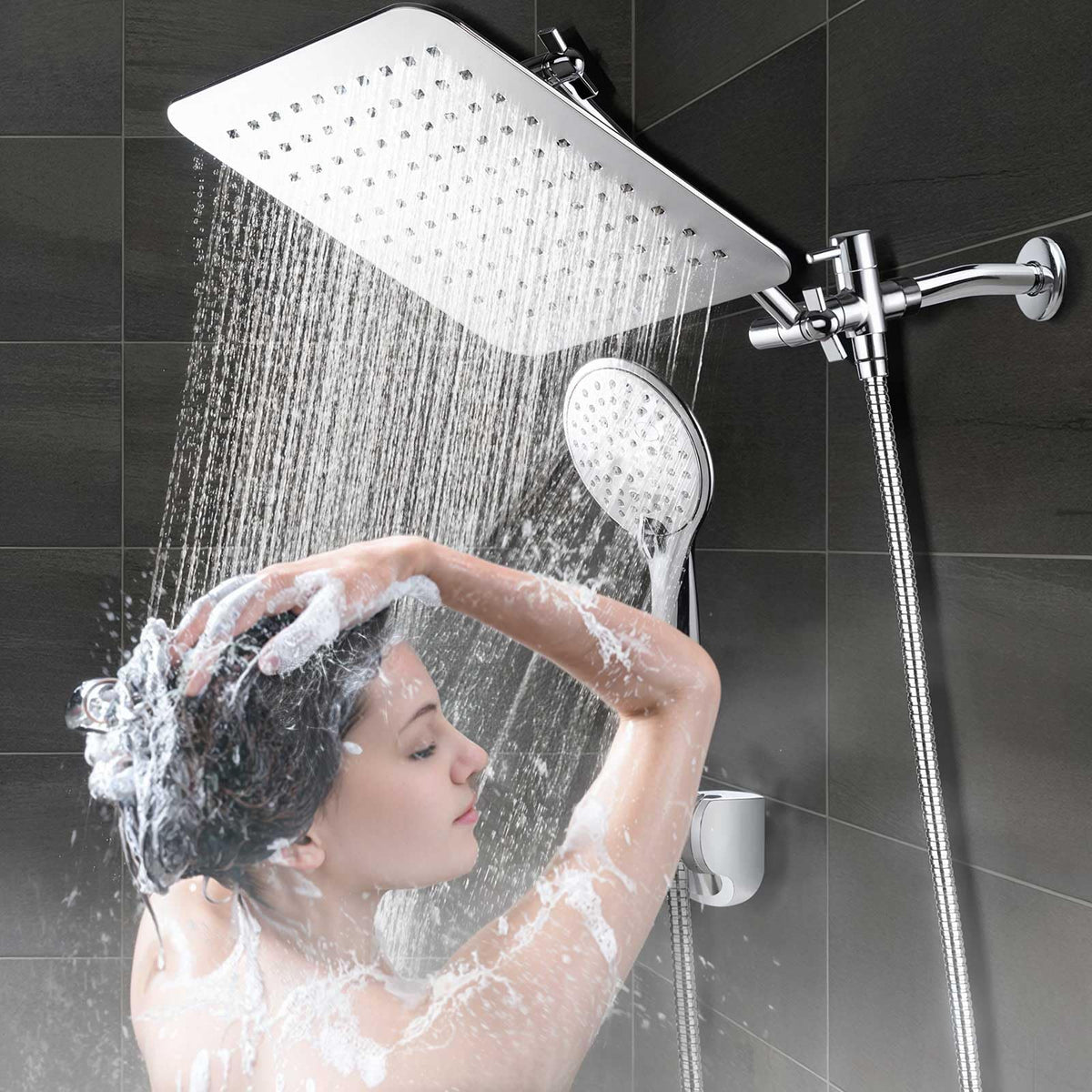 COSYLAND Rain Shower Head with Handheld - 304 Stainless Steel High Pressure 8 inch Square Rainfall Showerhead Combo with 3 Spray Mode 11 inch Extension Adjustable Arm & 60 inch Hose - Chrome 🍁 All In One Marketplace Canada