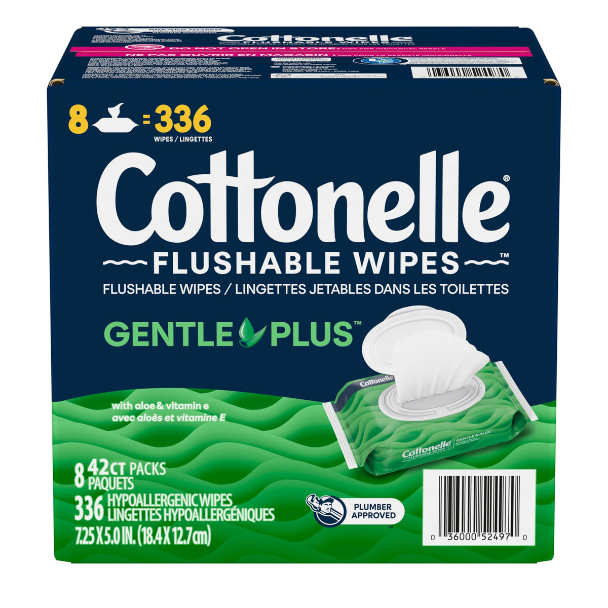 Cottonelle GentlePlus Flushable Wet Wipes with Aloe & Vitamin E, Adult Wet Wipes, 8 Flip-Top Packs, 42 Wipes per Pack (336 Total Flushable Wipes) ๐ All In One Marketplace Canada