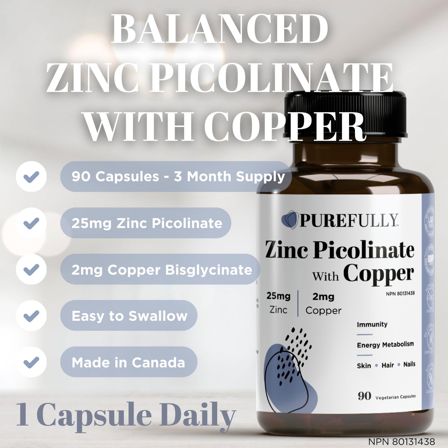 PUREFULLY Zinc Picolinate 25mg with Copper 2mg Capsules - Multi-Mineral Zinc with Copper Supplement for Immune Support - Vegan, Gluten Free (90 capsules) ๐ All In One Marketplace Canada