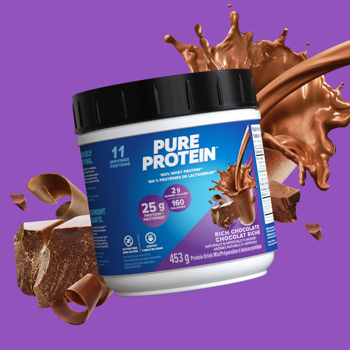 Pure Protein Whey Powder - High Protein (25 g/scoop), Low Sugar (2 g/scoop), Gluten Free - Fast-Acting Formula, Chocolate, 453g ๐ All In One Marketplace Canada