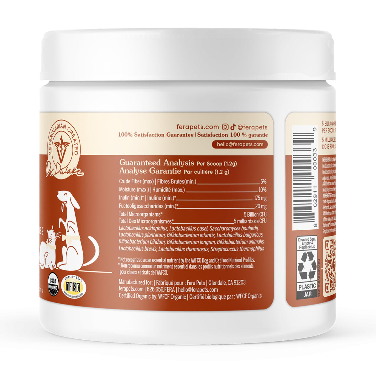 Fera Pets Probiotics for Dogs & Cats with Prebiotics - USDA Organic - Gut Health Powder Supplement with 12 Strains and 5 Billion CFUs - Supports Immunity, Energy and Skin & Coat - 60 Scoops ๐ All In One Marketplace Canada