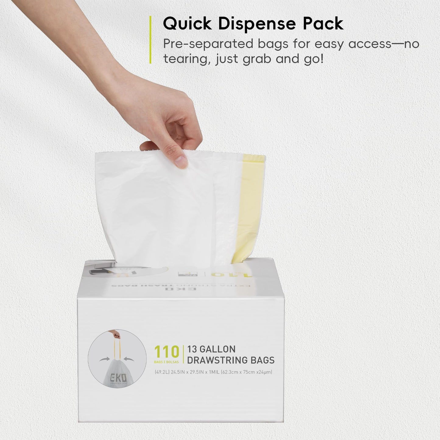 EKO 13 Gallon / 40-60 Liter Drawstring Trash Bags, Extra-Strong Unscented Garbage Bags, 60 Count Easy-Dispense Roll for Kitchen & Household Use, Leak-Resistant, Code F, White ๐ All In One Marketplace Canada