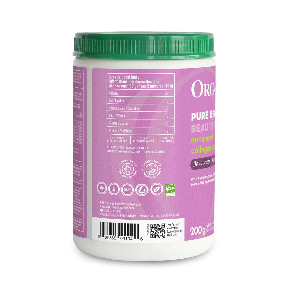 Organika Canadian-Made Enhanced Collagen Pure Beauty - Combination of Collagen, Hyaluronic Acid, Vitamin C, Zinc, and Silica- 200g ๐ All In One Marketplace Canada