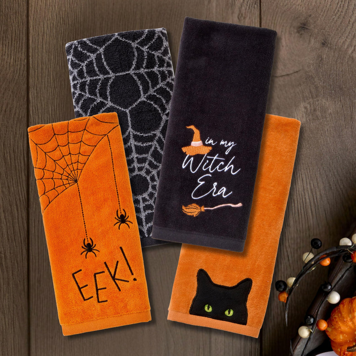 SKL Home Halloween Shadows Eyes Hand Towel Set-2pc, 100% Cotton, Orange