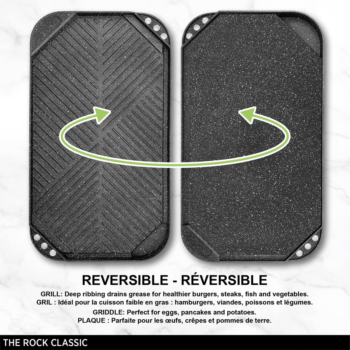 Starfrit The Rock 50x28cm (19.7" x 11") Non-Stick Reversible Grill & Griddle - Durable Forged Aluminum - Oven Safe - PFOA Free - Easy to Clean - Black ๐ All In One Marketplace Canada