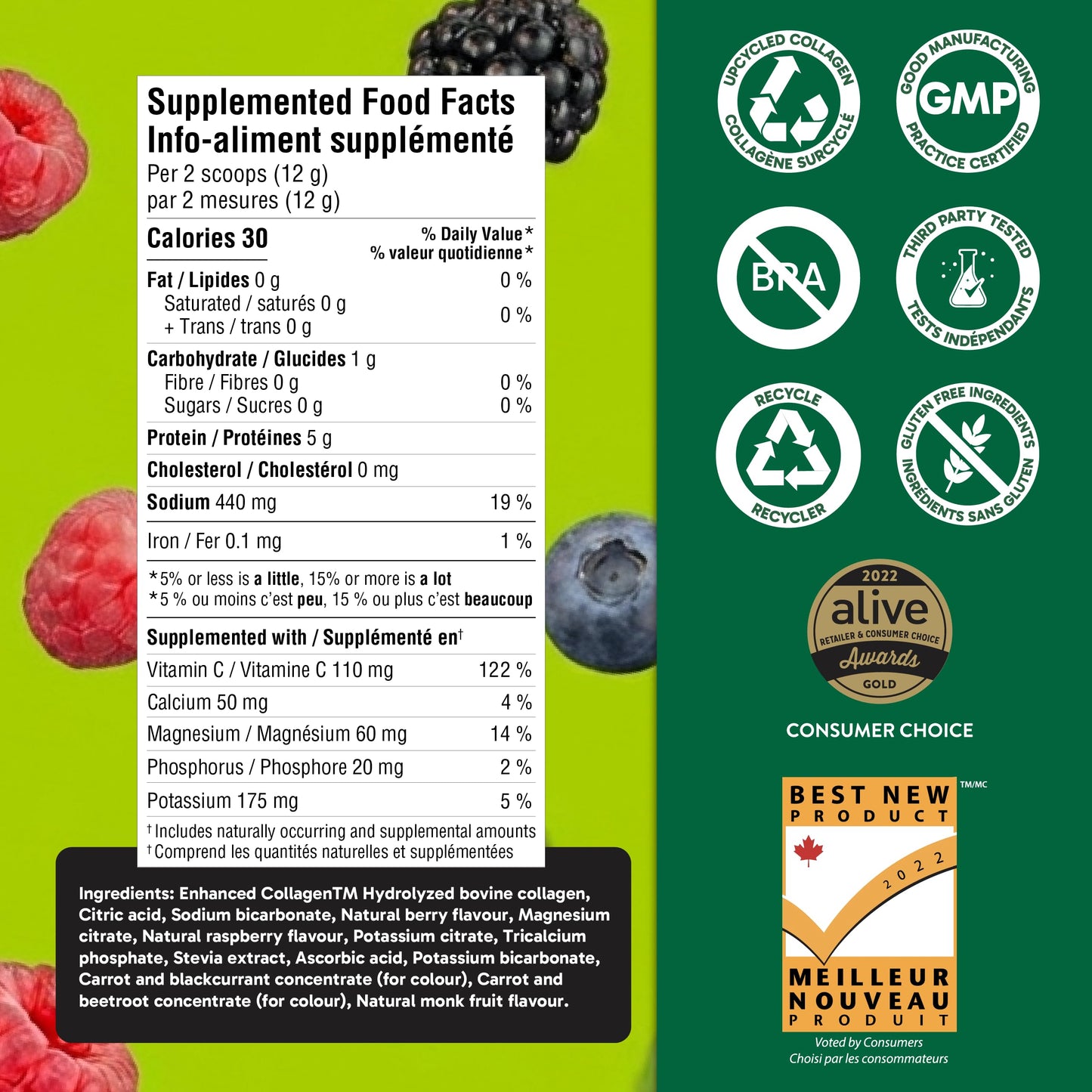 Organika Canadian-Made Electrolytes + Enhanced Collagen - Daily Hydration Powder with 5g of Collagen for Hair, Skin and Nails, 100% of Daily Vitamin C, Wildberry Flavour, 360 g, 30 Servings š All In One Marketplace Canada