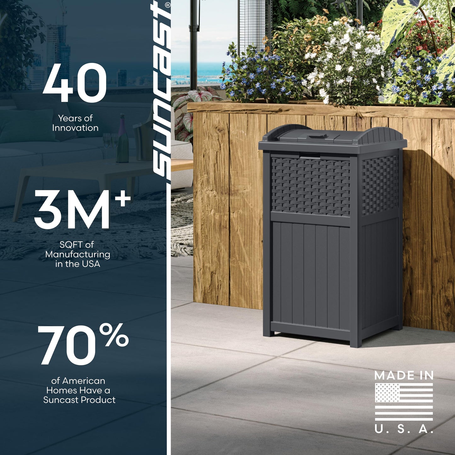 Suncast 33 Gallon Wicker-Style Hideaway Trash Can with Secure Latching Lid and Weather-Resistant Construction for Patio, Cyberspace Grey, Made in the USA ๐ All In One Marketplace Canada