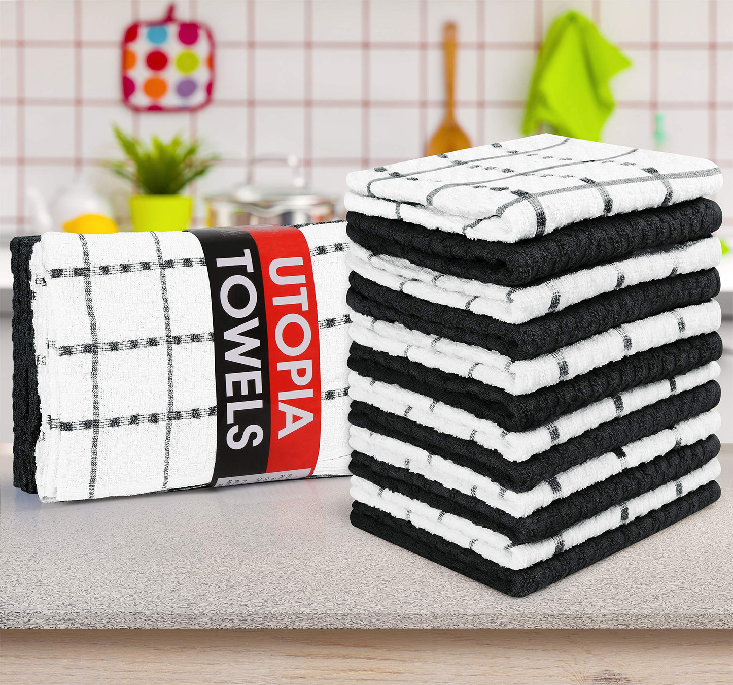 Utopia Towels Kitchen Towels, 12 Pack, 15 by 25 Inches, Dobby Weave, 100% Ring Spun Cotton, Super Soft and Absorbent Dish, Tea, and Bar Towels, Black ๐ All In One Marketplace Canada