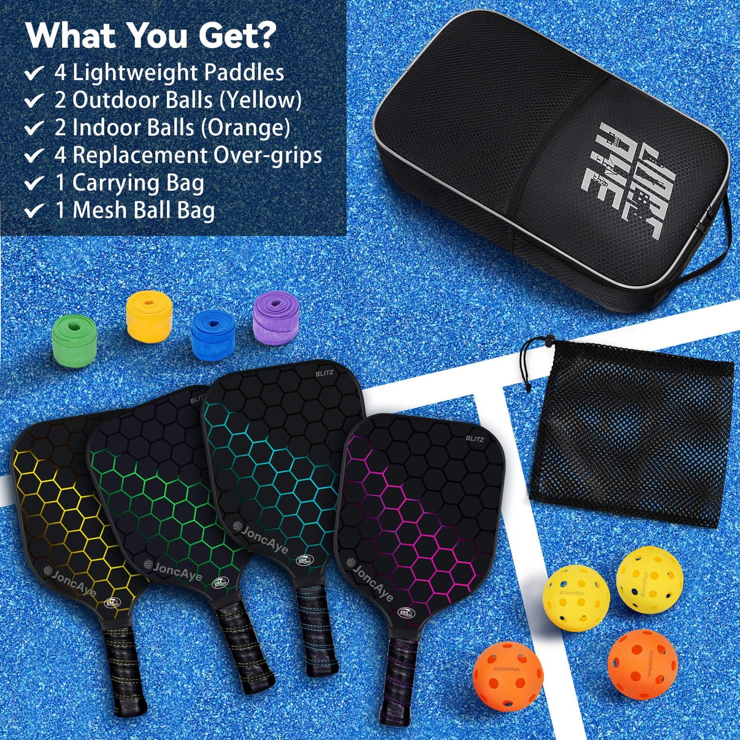 JoncAye Pickleball Paddles Set of 4 Rackets and Balls with Paddle Case, Lead Tape, Ball Bag, Carbon Fiber Pickle-Ball Raquette for Beginner | USAPA Approved Pickleball Equipment with Accessories ๐ All In One Marketplace Canada