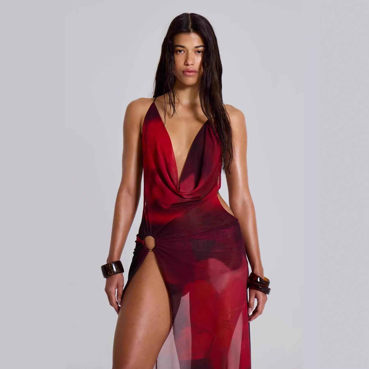 French-Style Printed Deep Halter Neck Backless Waist-Cinching Dress