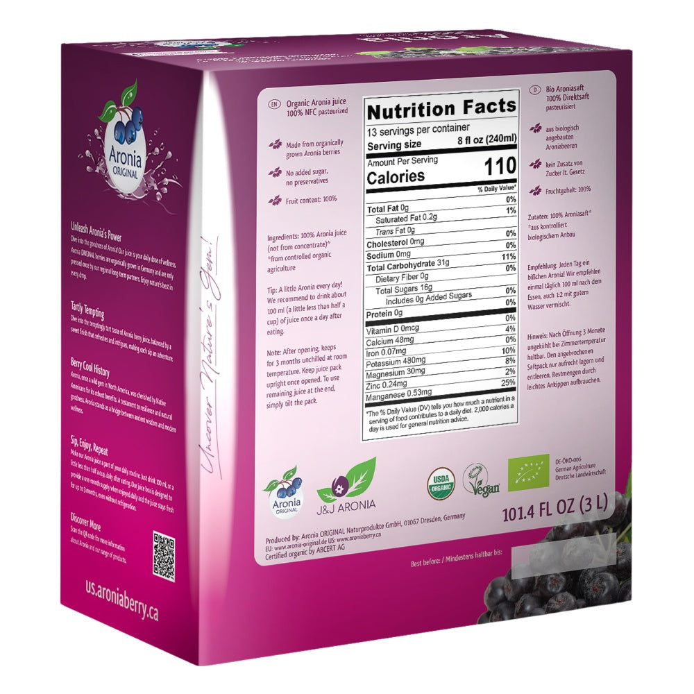 Organic Aronia Berry Juice 101.4 fl oz (3 Litre) Box | Not from Concentrate