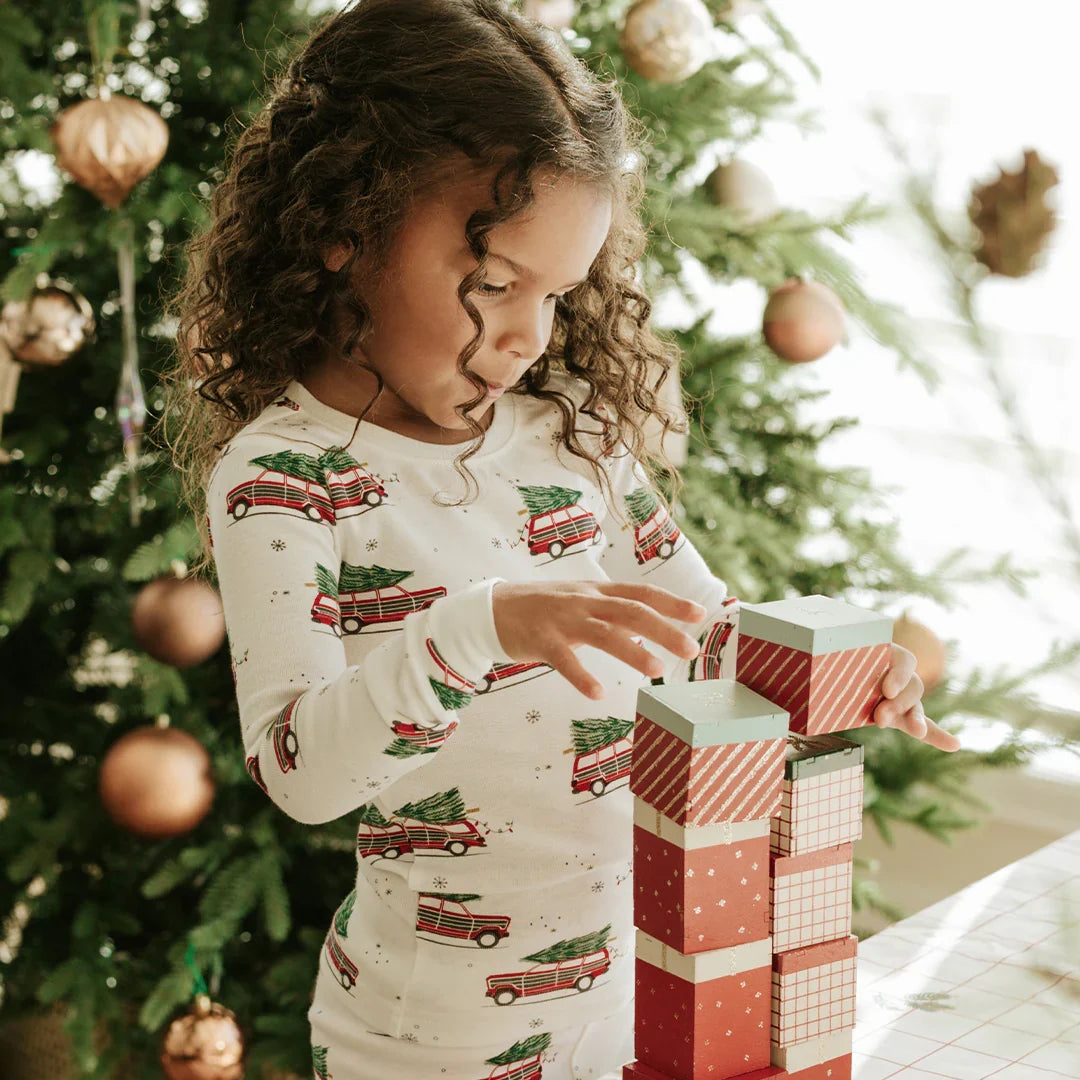 Festive Cars Print on Off-White PJ Set | Petit Lem