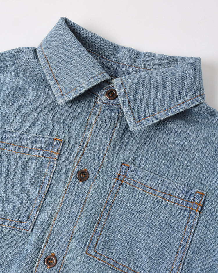 Denim Short Sleeve Overshirt | Washed Blue | Rylee & Cru