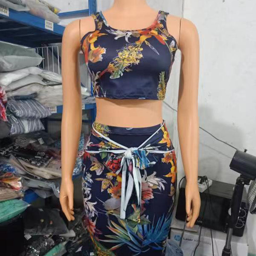 Women's Floral Vest Skirt Set – Printed Sleeveless Crop Top and Midi Skirt Outfit