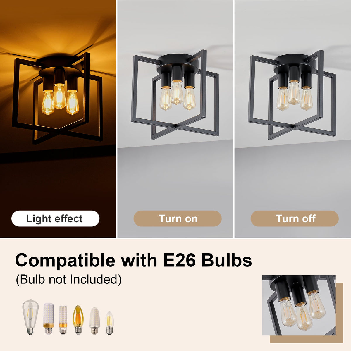 3-Light Black Semi-Flush Mount Ceiling Light with Geometric Metal Shade (United States Delivery Only)