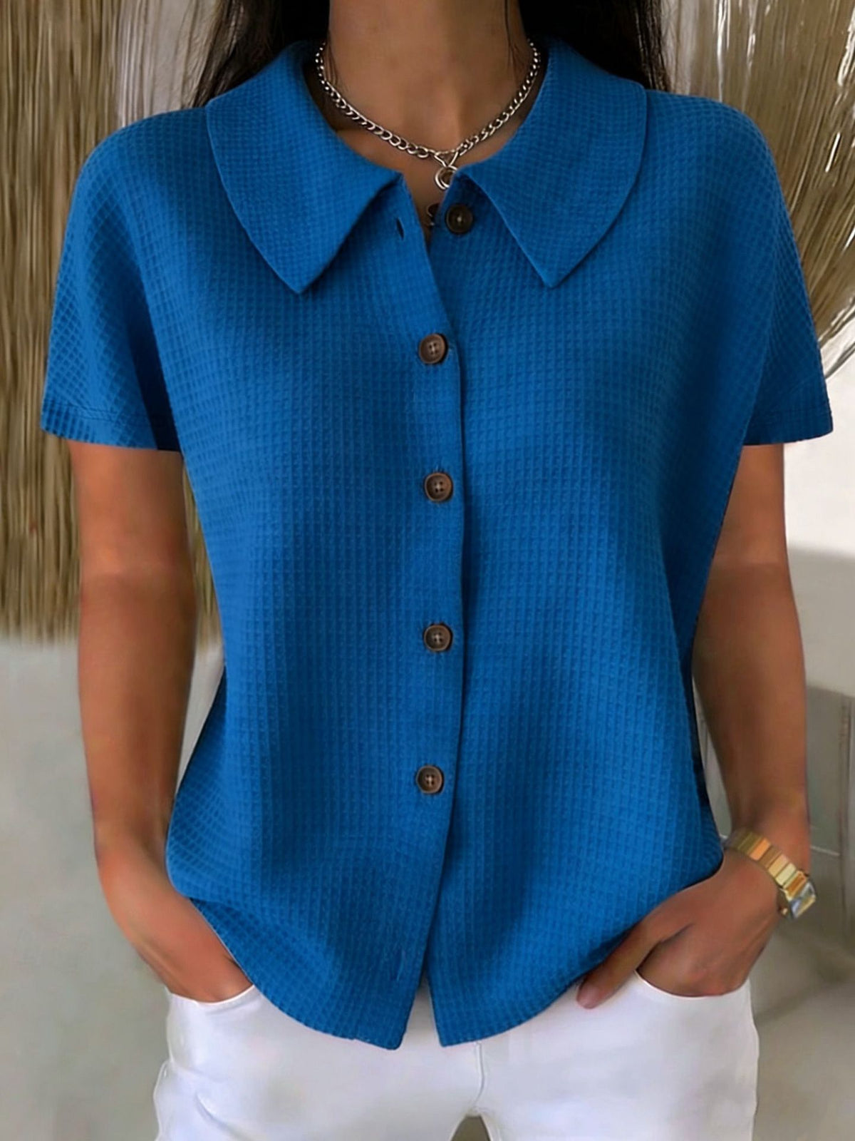 Turn-Down Collar Waffle Weave Solid Color Casual Loose Fit Short Sleeve Shirt - Women's Cotton Blend Lightweight Summer Top For Daily Wear