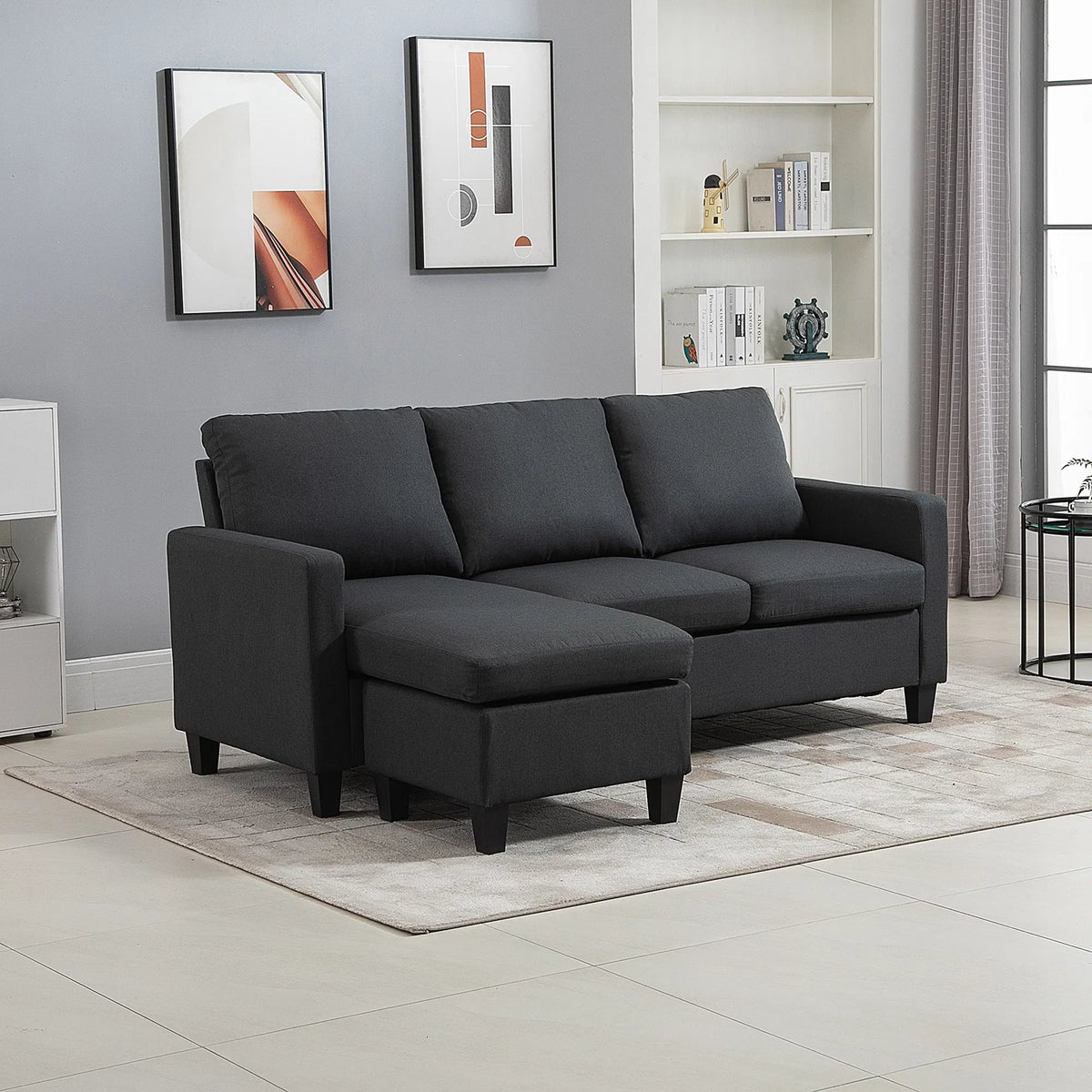 Dark Grey L-Shape Sectional Sofa with Ottoman – Modern Corner Couch for Living Room (United States & Canada Delivery Only)