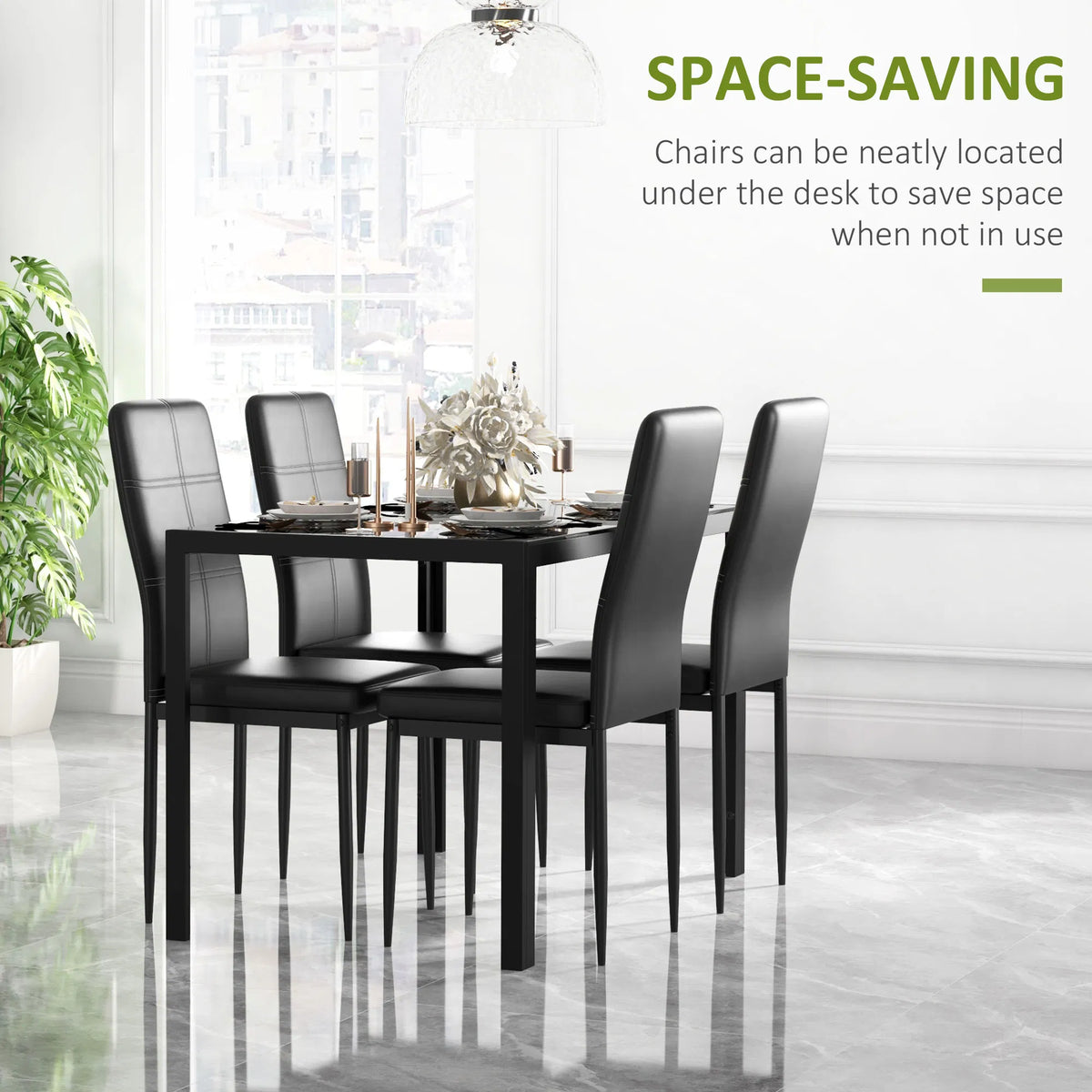 5-Piece Black Glass Dining Table Set – Rectangular Kitchen Table with 4 Faux Leather Chairs (United States & Canada Delivery Only)