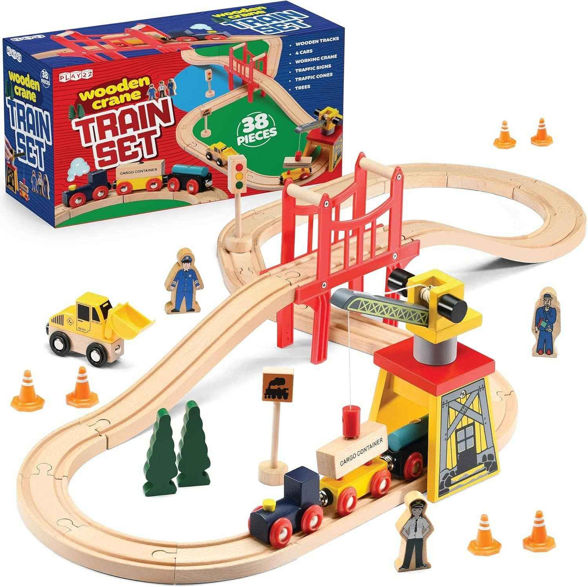 Play22 - 38-Piece Wooden Train Crane and Bridge Set - Ages 2+