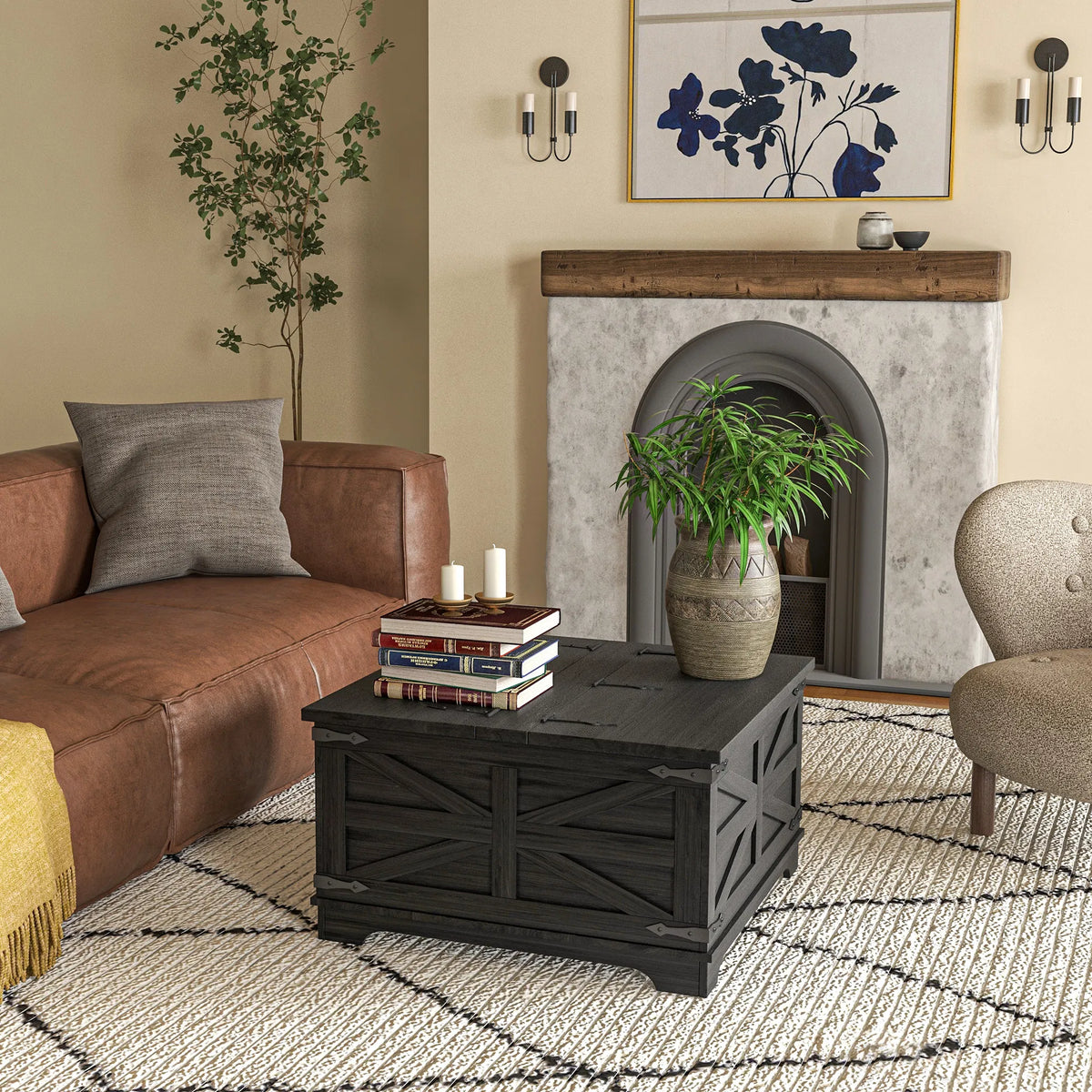 Black Farmhouse Square Coffee Table with Flip-Top Storage (United States Delivery Only)