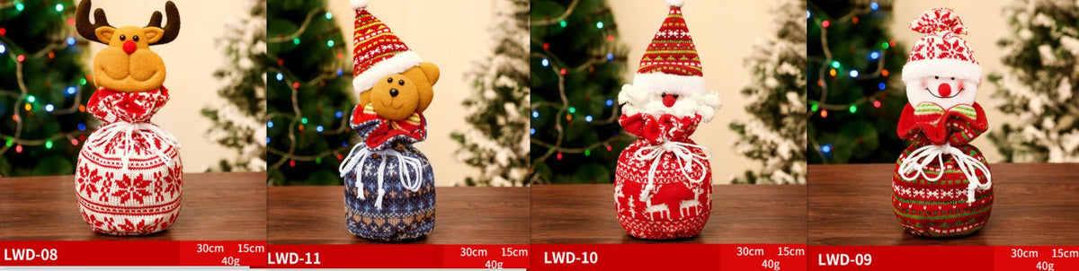 Brushed Christmas Gift Bags with 3D Santa Snowman Reindeer Bear, Red Drawstring Candy Bags, Felt Holiday Gift Bags