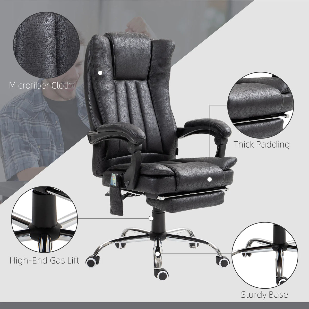 Black 6-Point Vibration Massage Office Chair – Microfiber Recliner with Retractable Footrest (United States & Canada Delivery Only)