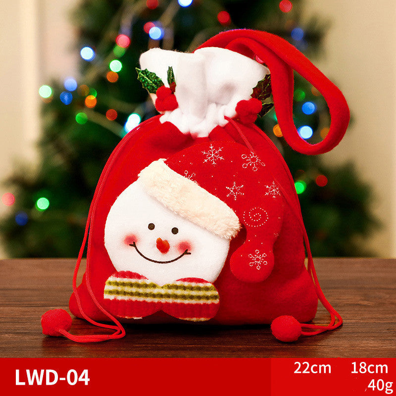 Brushed Christmas Gift Bags with 3D Santa Snowman Reindeer Bear, Red Drawstring Candy Bags, Felt Holiday Gift Bags