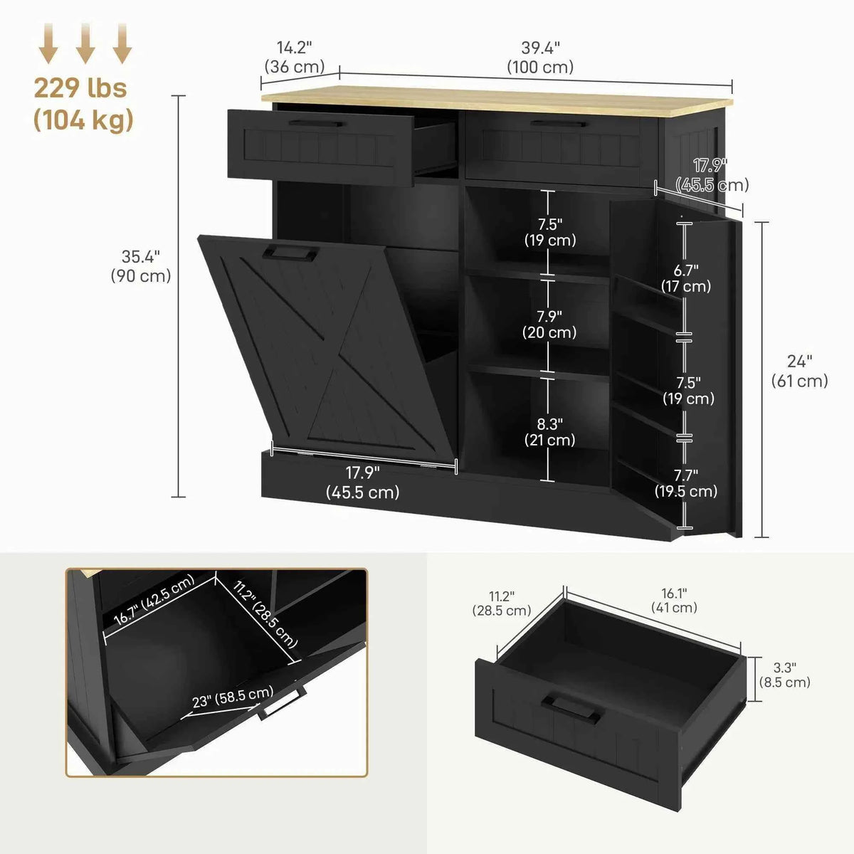 10-Gallon Tilt-Out Trash Cabinet – Hidden Garbage Bin Storage with 2 Drawers (United States & Canada Delivery Only)