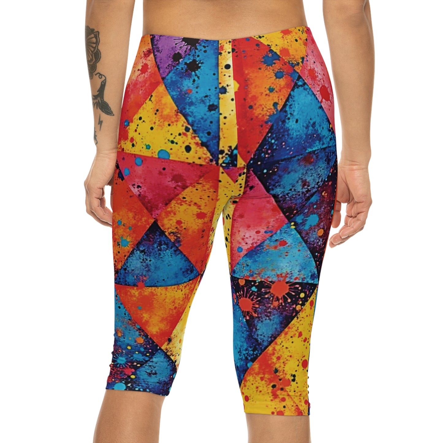 Colorful Geometric Splash Capri Leggings — Vibrant Triangle All-Over Print