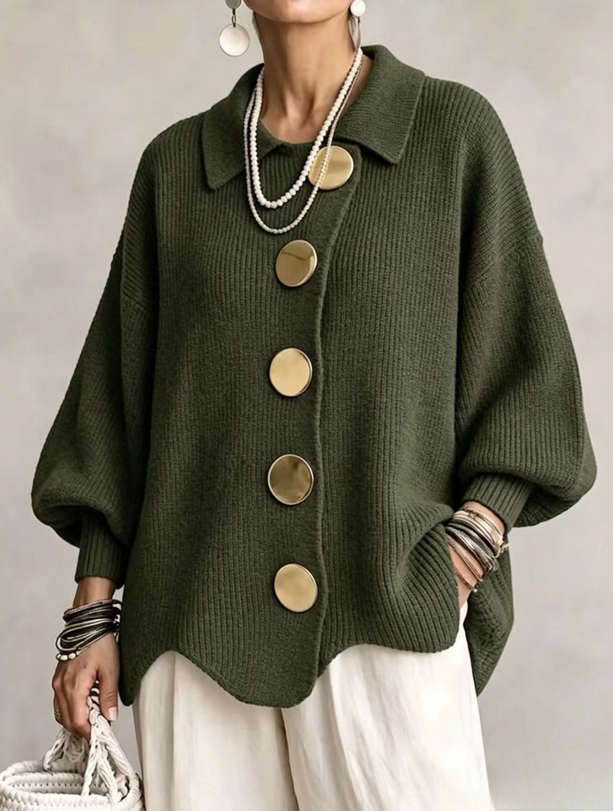 Women’s Button-Down Knit Cardigan – Lapel Collar Long-Sleeve Loose-Fit Fall & Winter Sweater