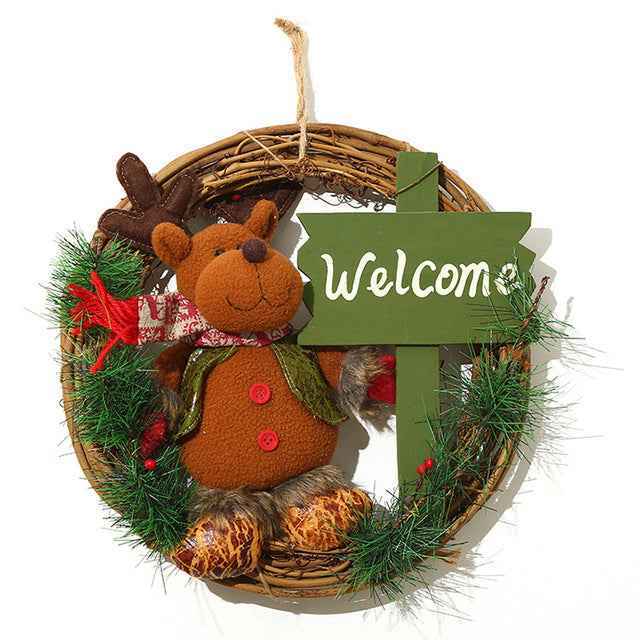 Christmas Wreath with Plush Doll - Rustic Rattan Holiday Door Hanging Decoration