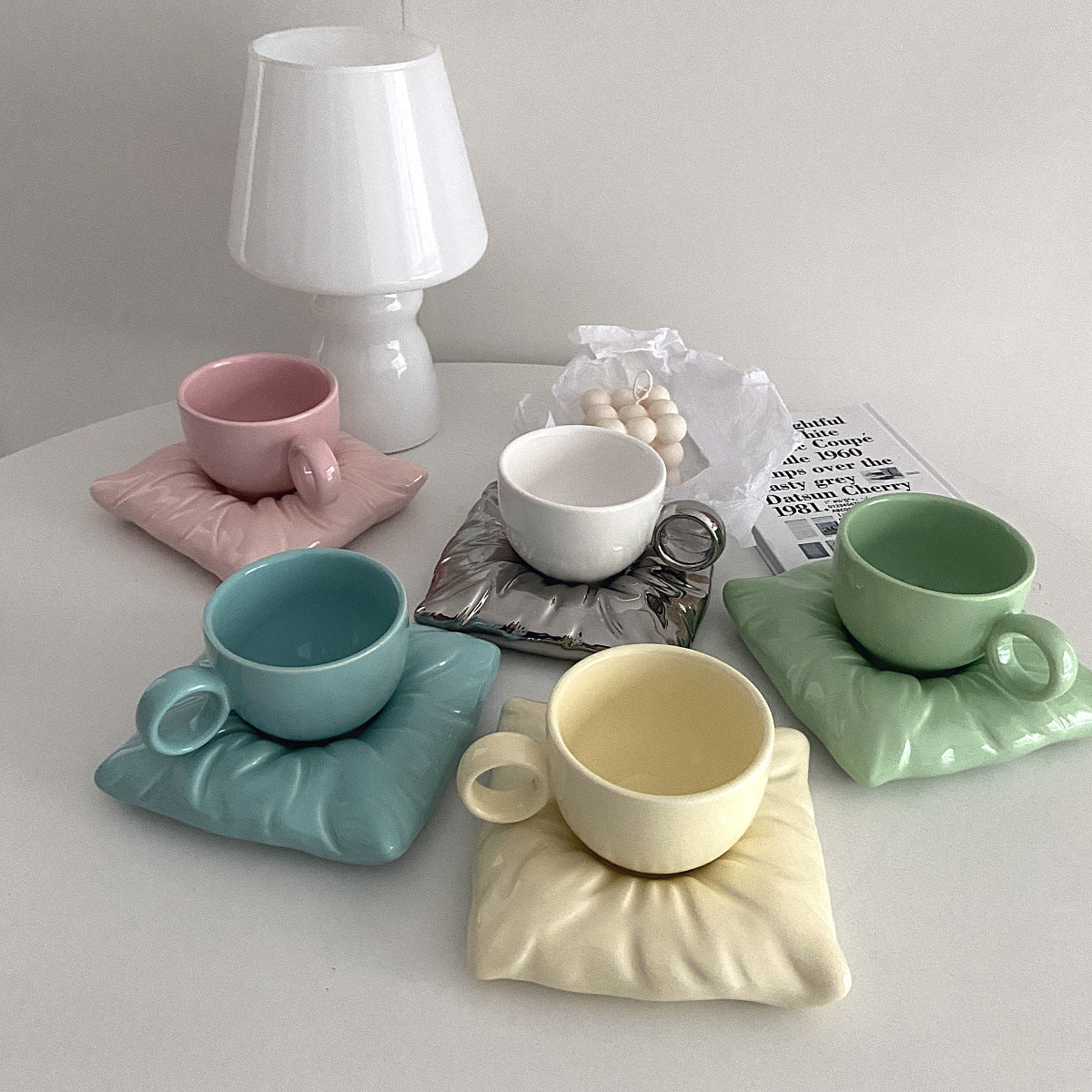 Nordic Ceramic Cup with Pillow Saucer Coaster, Creative Couple Coffee Tea Cup & Saucer Gift Set, 7 Colors