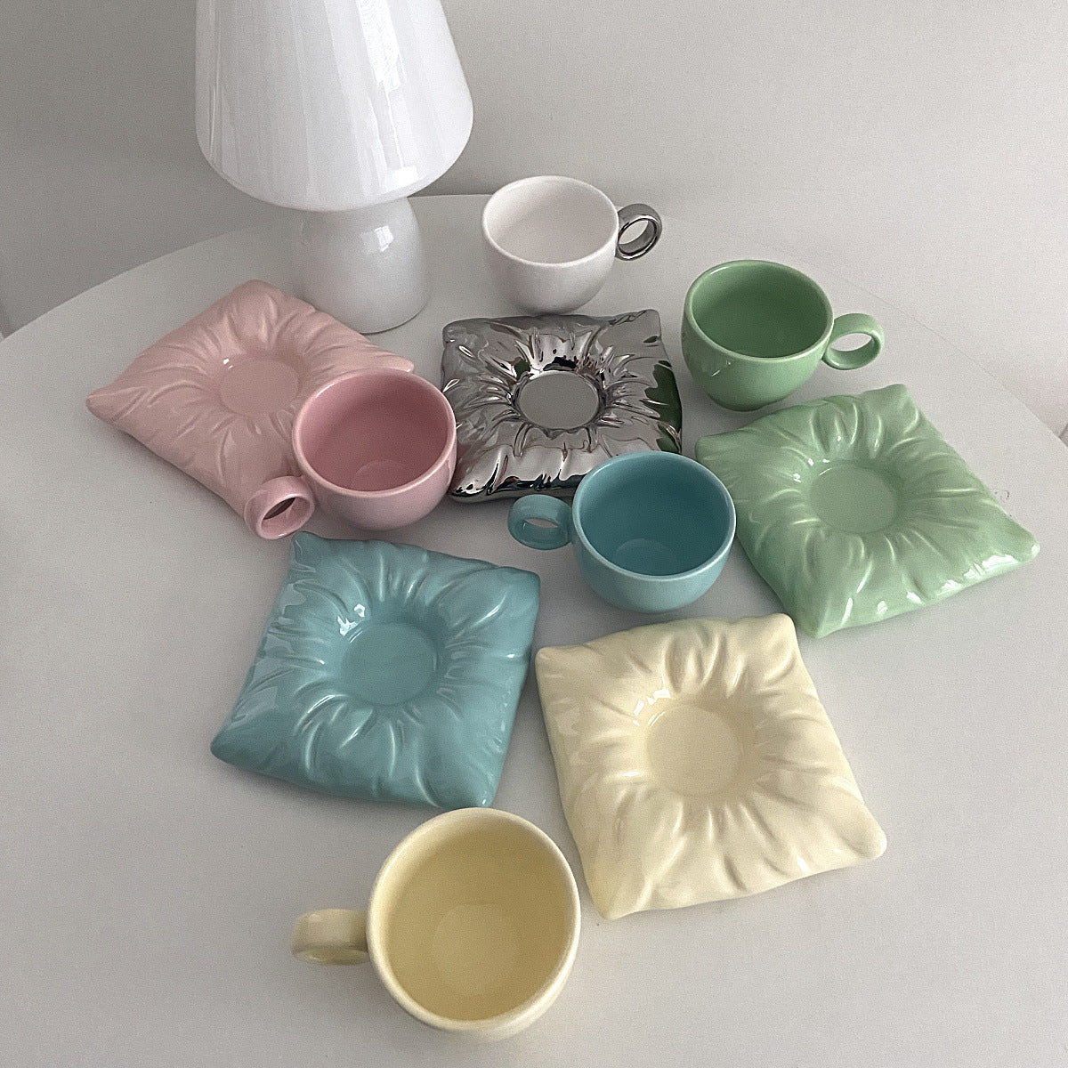 Nordic Ceramic Cup with Pillow Saucer Coaster, Creative Couple Coffee Tea Cup & Saucer Gift Set, 7 Colors