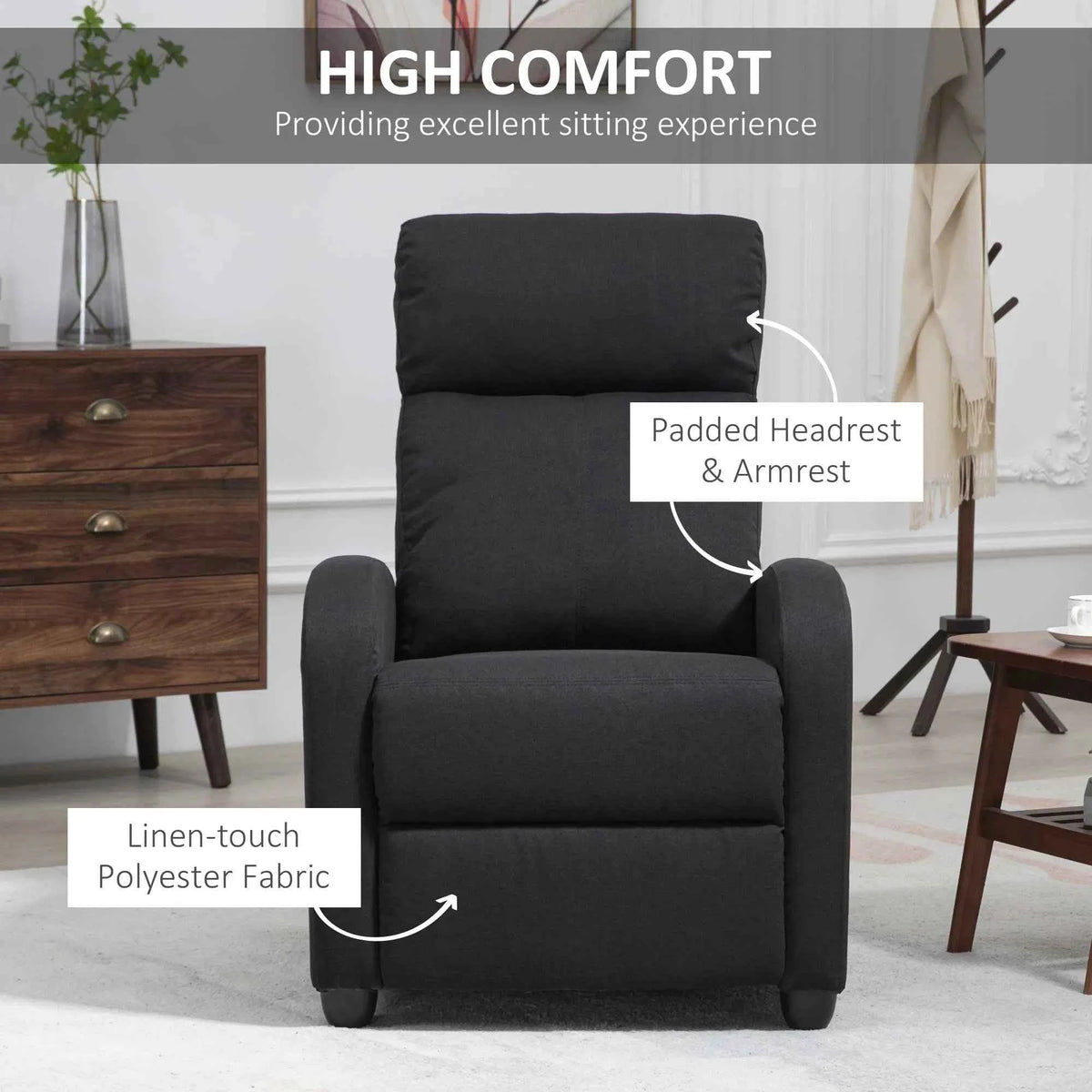 Black Fabric Recliner Chair – Manual Home Theater & Living Room Reclining Sofa (United States & Canada Delivery Only)