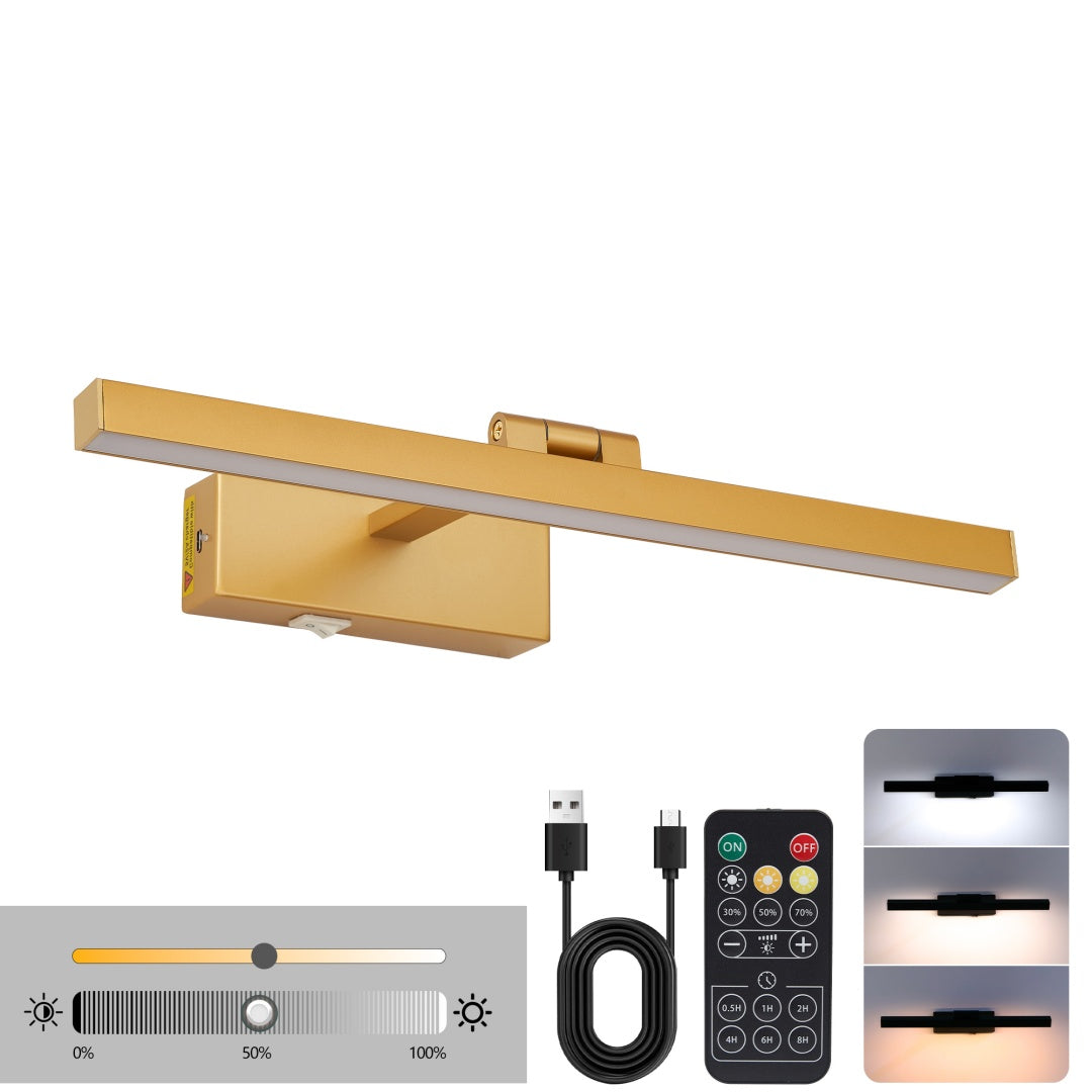 16 Inch Gold Dimmable LED Vanity Light Bar, Wireless Rechargeable Wall Light (United States Delivery Only)