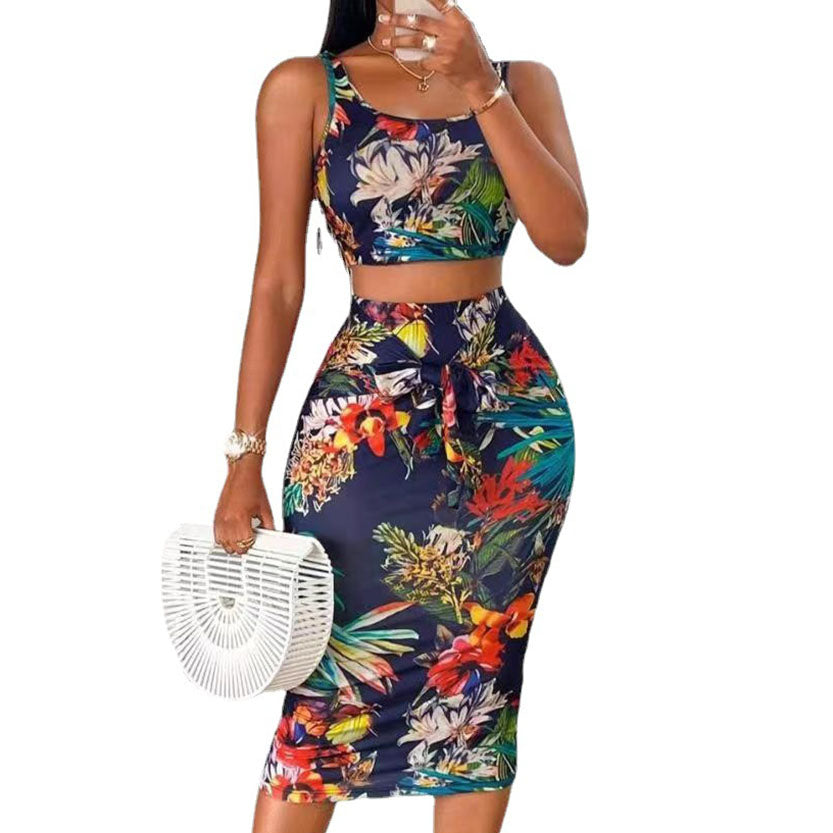 Women's Floral Vest Skirt Set – Printed Sleeveless Crop Top and Midi Skirt Outfit