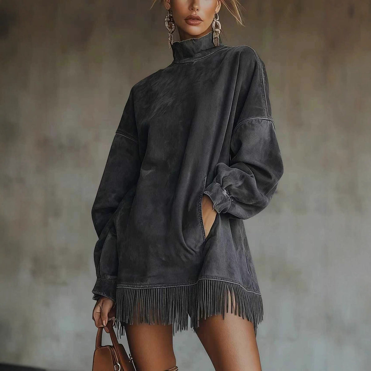 Women's Loose Tassel Suede Dress - Long Sleeve Pocket Dress