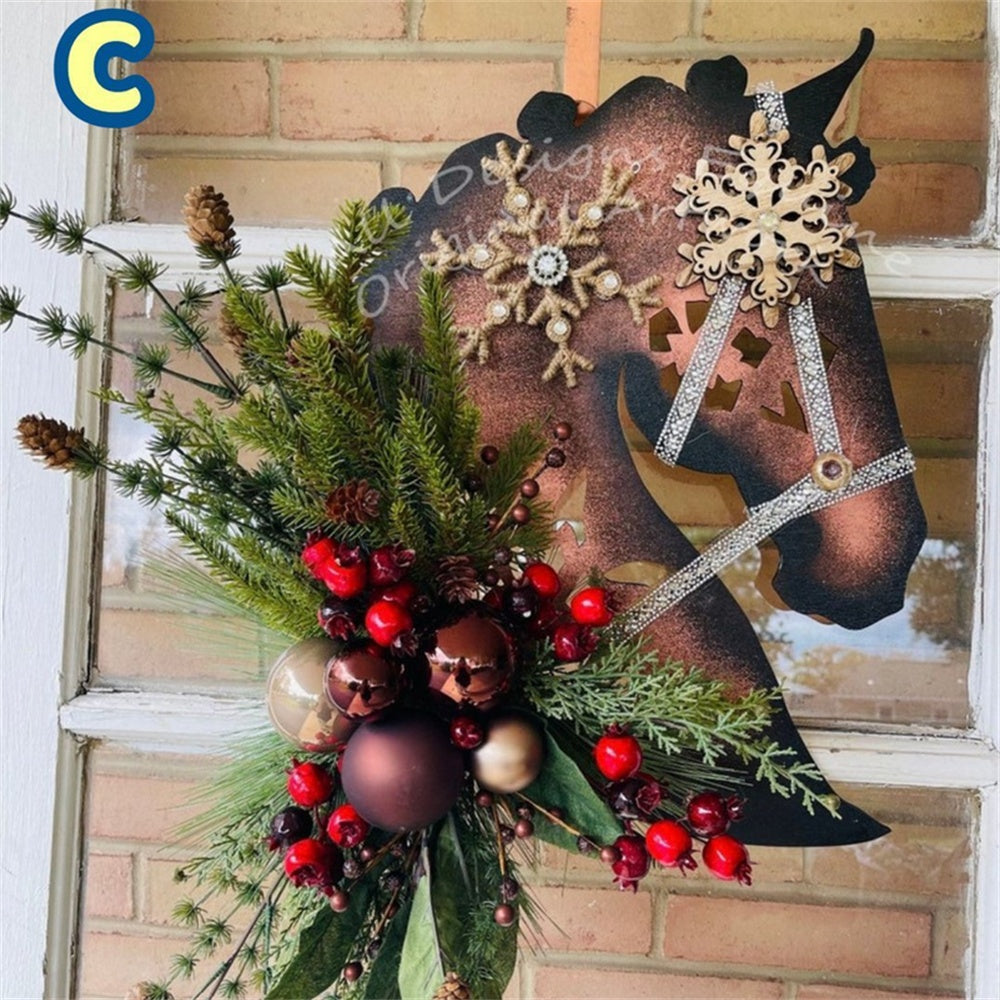 Horse Head Christmas Wreath, Artificial Door Hanging Decor with Balls & Pine Cones