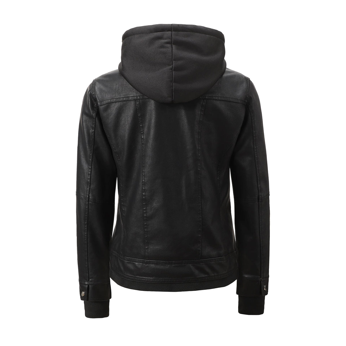 Women’s Faux Leather Biker Jacket with Detachable Hood – Slim-Fit Waist-Cinching Motorcycle Coat